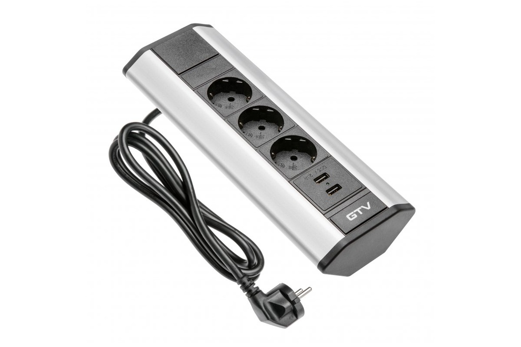 Подовжувач для офісу GTV AE-PBKT3S2U-80, кутовий, 3 x гнізда SCHUKO, 2xUSB 2.1A 5V, срібний