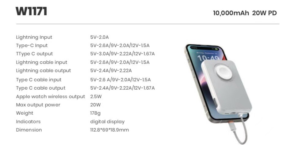 Зовнішній акумулятор Power Bank VEGER PD 10000MAH (W1171)