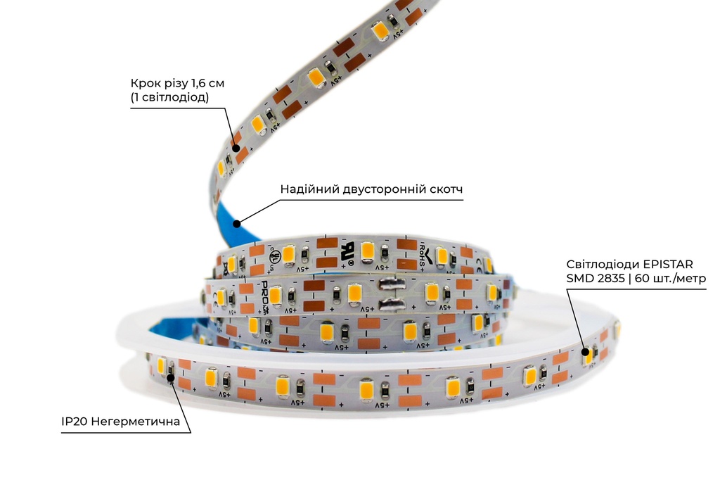 Світлодіодна LED стрічка PROLUM™ 5V; 2835\60; IP20; Series "S", Тепло-Білий (2800-3200K)