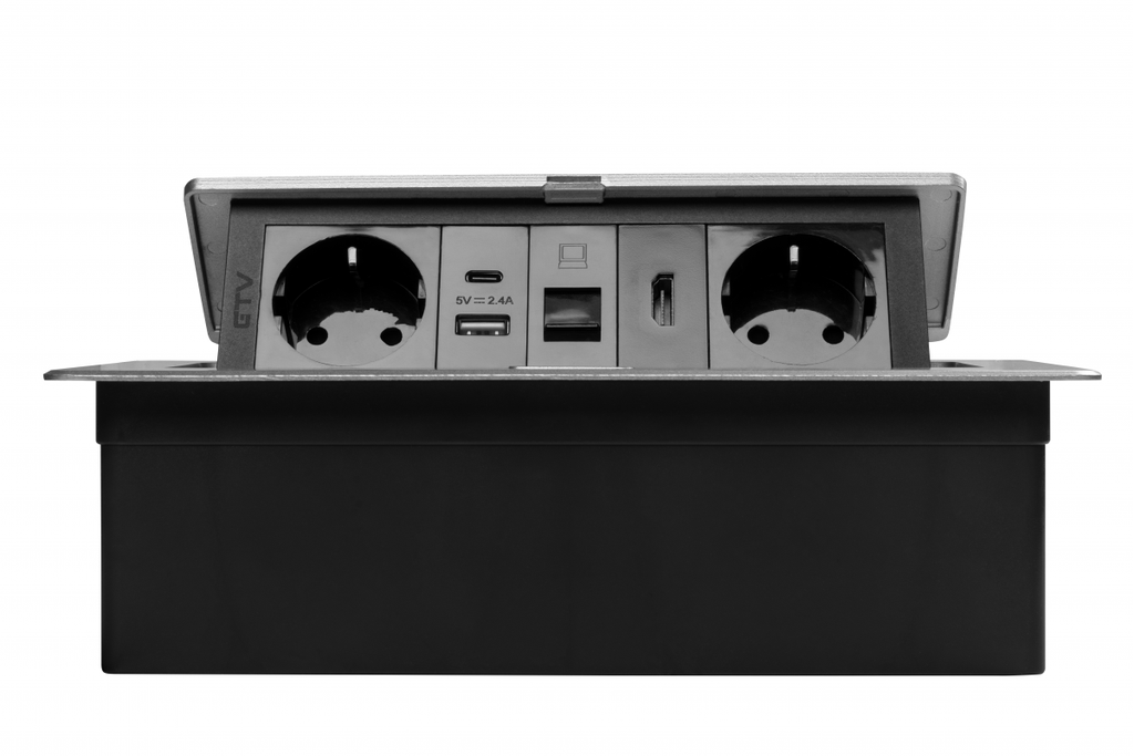 Меблева розетка GTV MULTISOFT, 2хSHUKO, USB A+C, RJ45, HDMI кабель 1.5 м, алюміний