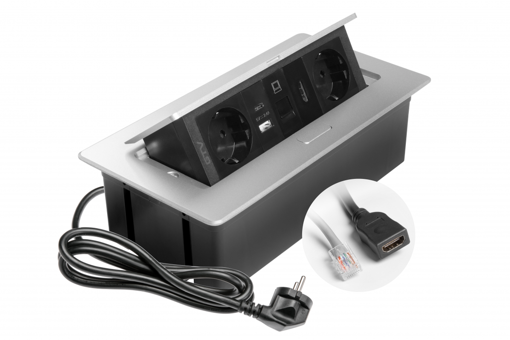 Меблева розетка GTV MULTISOFT, 2хSHUKO, USB A+C, RJ45, HDMI кабель 1.5 м, алюміний