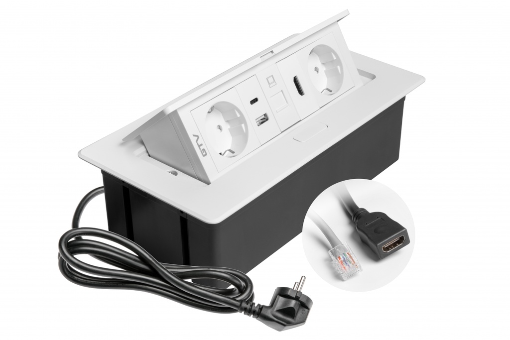 Меблева розетка GTV MULTISOFT, 2хSHUKO, USB A+C, RJ45, HDMI, кабель 1.5 м, білий
