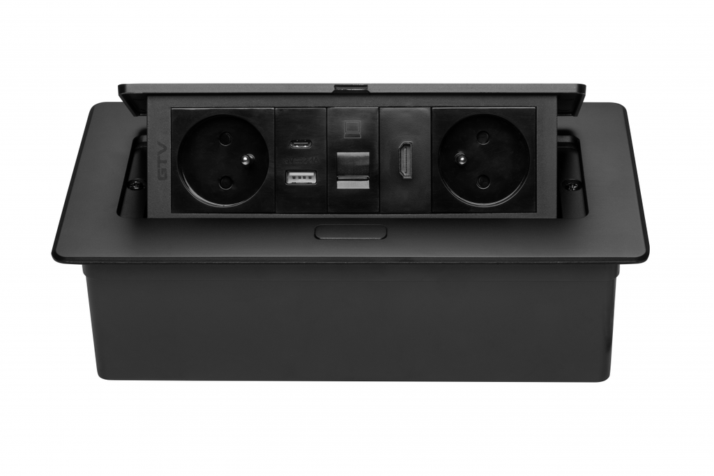 Меблева розетка GTV MULTISOFT, 2хSHUKO, USB A+C, RJ45, HDMI кабель 1.5 м, чорний