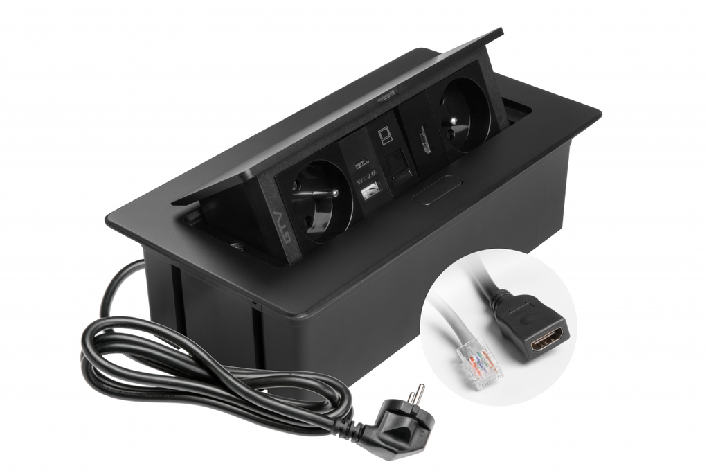 Меблева розетка GTV MULTISOFT, 2хSHUKO, USB A+C, RJ45, HDMI кабель 1.5 м, чорний