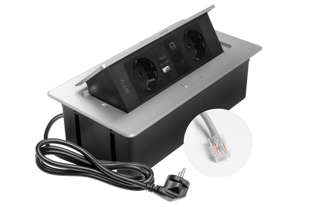 Меблева розетка GTV MULTISOFT, 2хSHUKO, USB A+C, RJ45, кабель 1.5 м, алюміний