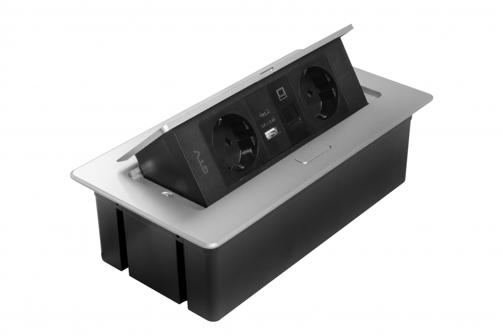 Меблева розетка GTV MULTISOFT, 2хSHUKO, USB A+C, RJ45, кабель 1.5 м, алюміний