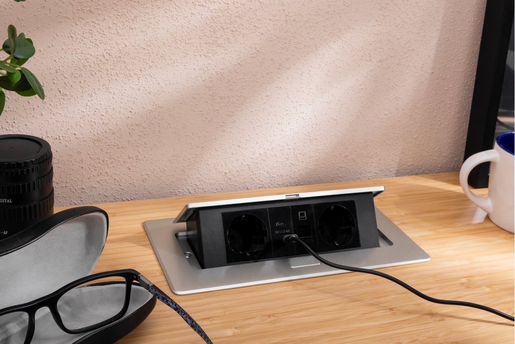 Меблева розетка GTV MULTISOFT, 2хSHUKO, USB A+C, RJ45, кабель 1.5 м, алюміний