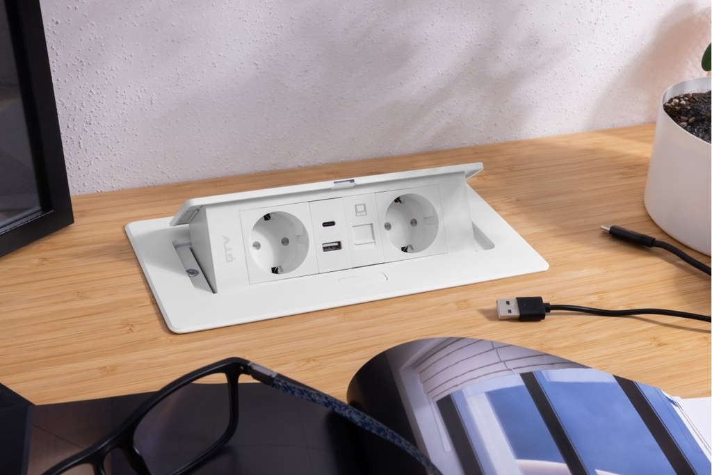 Меблева розетка GTV MULTISOFT, 2хSHUKO, USB A+C, RJ45, кабель 1.5 м, білий