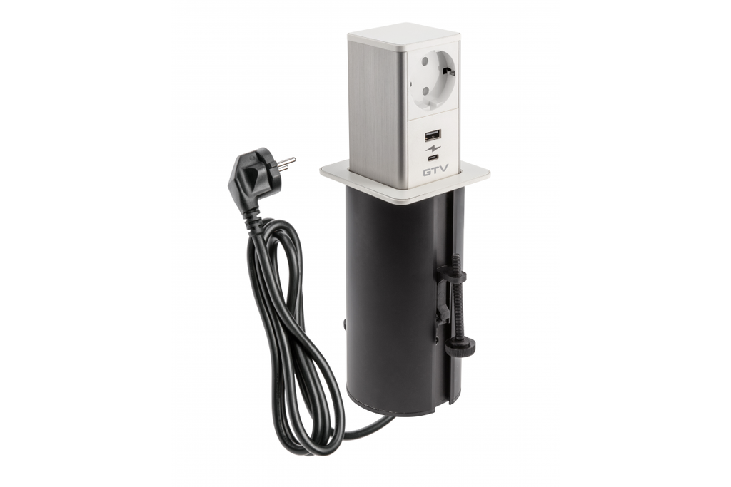 Подовжувач GTV врізний-висувний квадратний TOWER, 1xSCHUKO, 1xUSB A, 1xTYPE-C, кабель 1,5м, білий/інокс (AE-GMW1STOW-10)