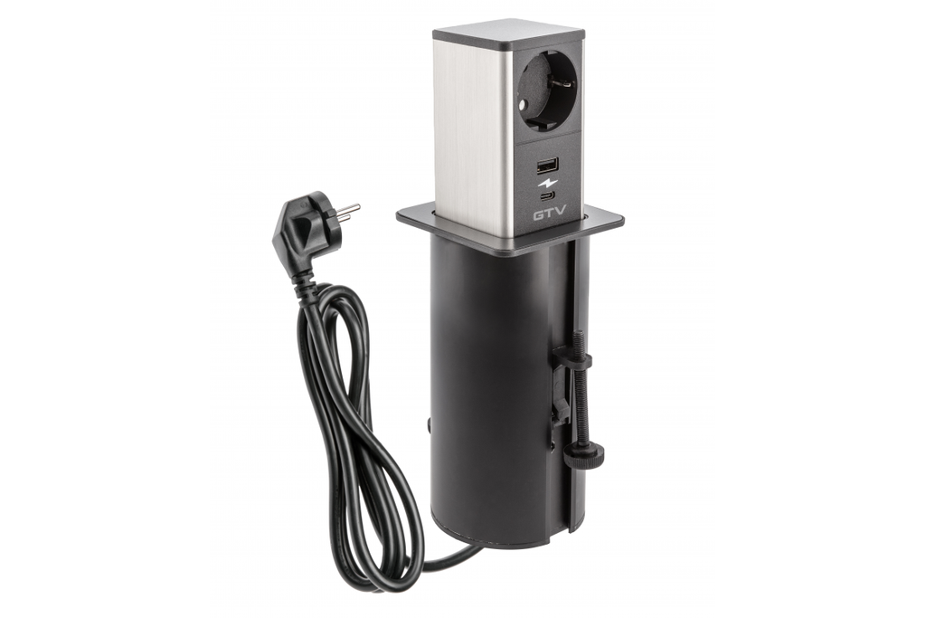 Подовжувач GTV врізний-висувний квадратний TOWER, 1xSCHUKO, 1xUSB A, 1xTYPE-C, кабель 1,5м, чорний/інокс (AE-GMW1STOW-20)