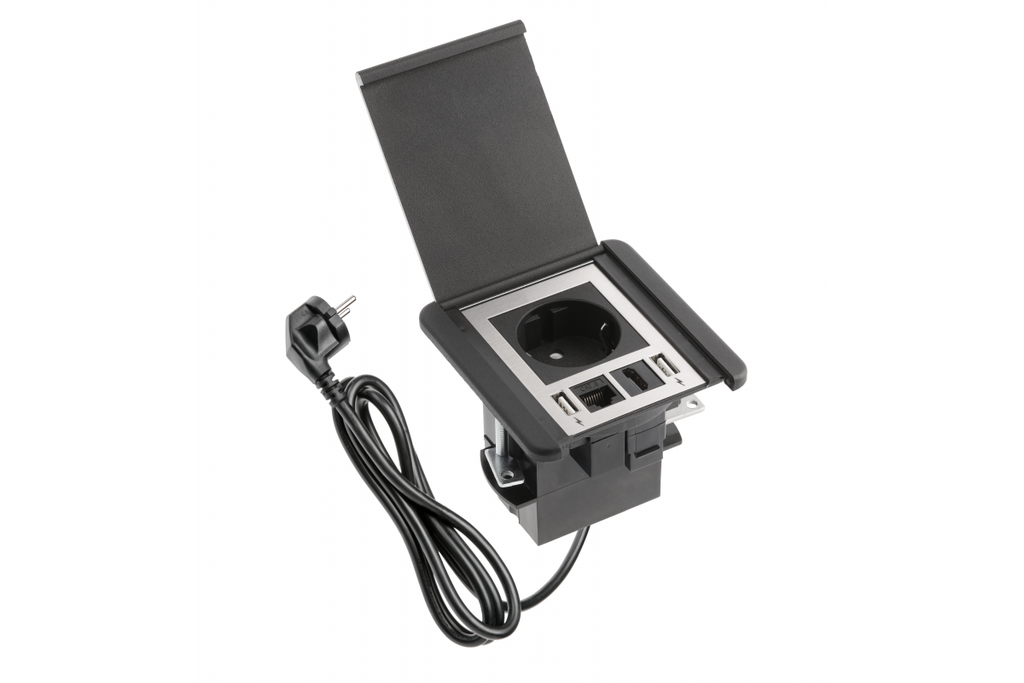 Подовжувач GTV врізний квадратний FLIP, 1xSCHUKO, 2xUSB A, 1xRJ45, 1xHDMI, кабель з вилкою 1,5м, чорний (AE-GM1SFLI-20)