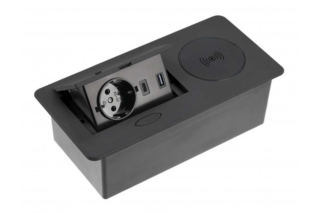 Подовжувач вбудований GTV AVARO PLUS індукційна зарядка, 1 роз. schuko, USB A+C 1,5 м, чорний