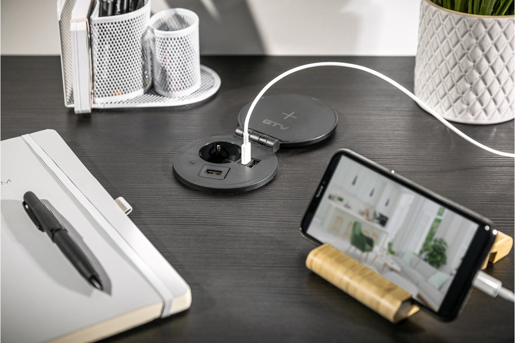 Подовжувач вбудований GTV CHARGER PLUS індукційна зарядка , 1 роз. schuko, USB A+C, HDMI, RJ45, 1,5 м, чорний