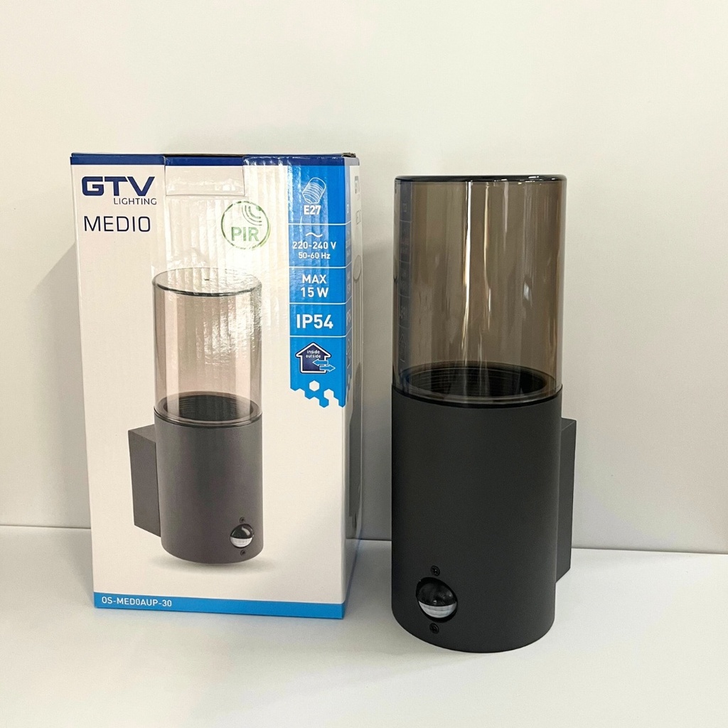 Світильник фасадний з датчиком руху GTV MEDIO-AU PIR, E27, MAX.15W, IP54, графіт (OS-MED0AUP-30)