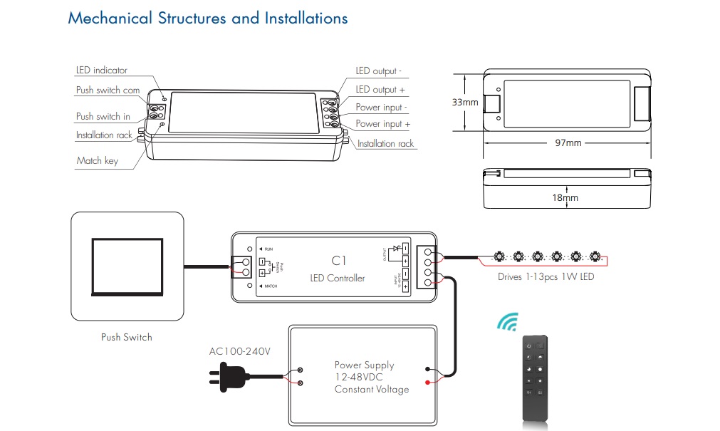 LED-димер DEYA 12-48VDC, 1,05-16, 1W*1CH, PUSH-DIM (C1-350mA)