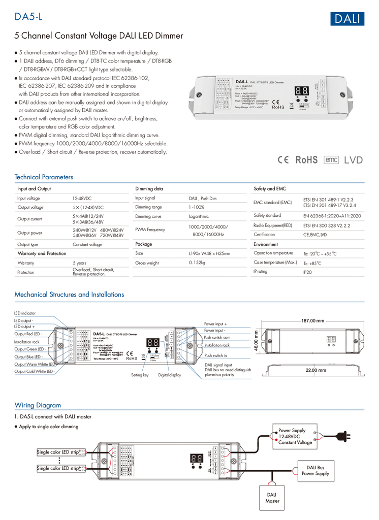 LED-димер DEYA 12-48VDC, 4A*5CH DT6/DT8 (DA5-L)