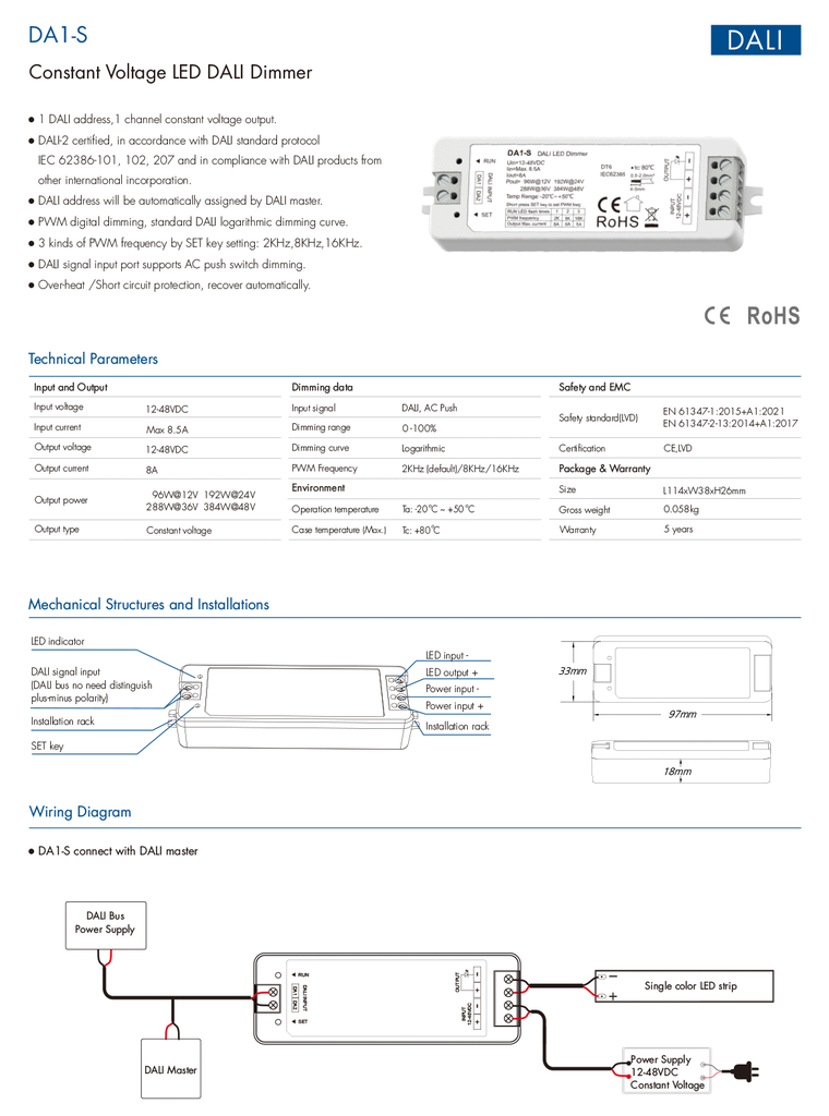 LED-димер DEYA 12-48VDC, 8.5A*1CH DT6 (DA1-S)