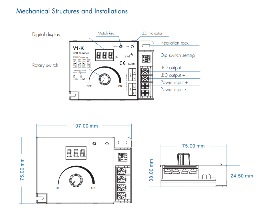 LED-контролер DEYA 12-24VDC, 20A*1CH, (V1-K)