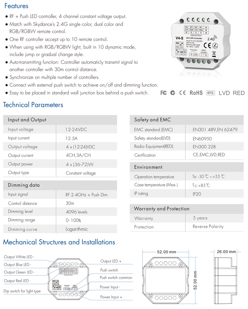 LED-контролер DEYA 12-24VDC, 3A*4CH (V4-S)
