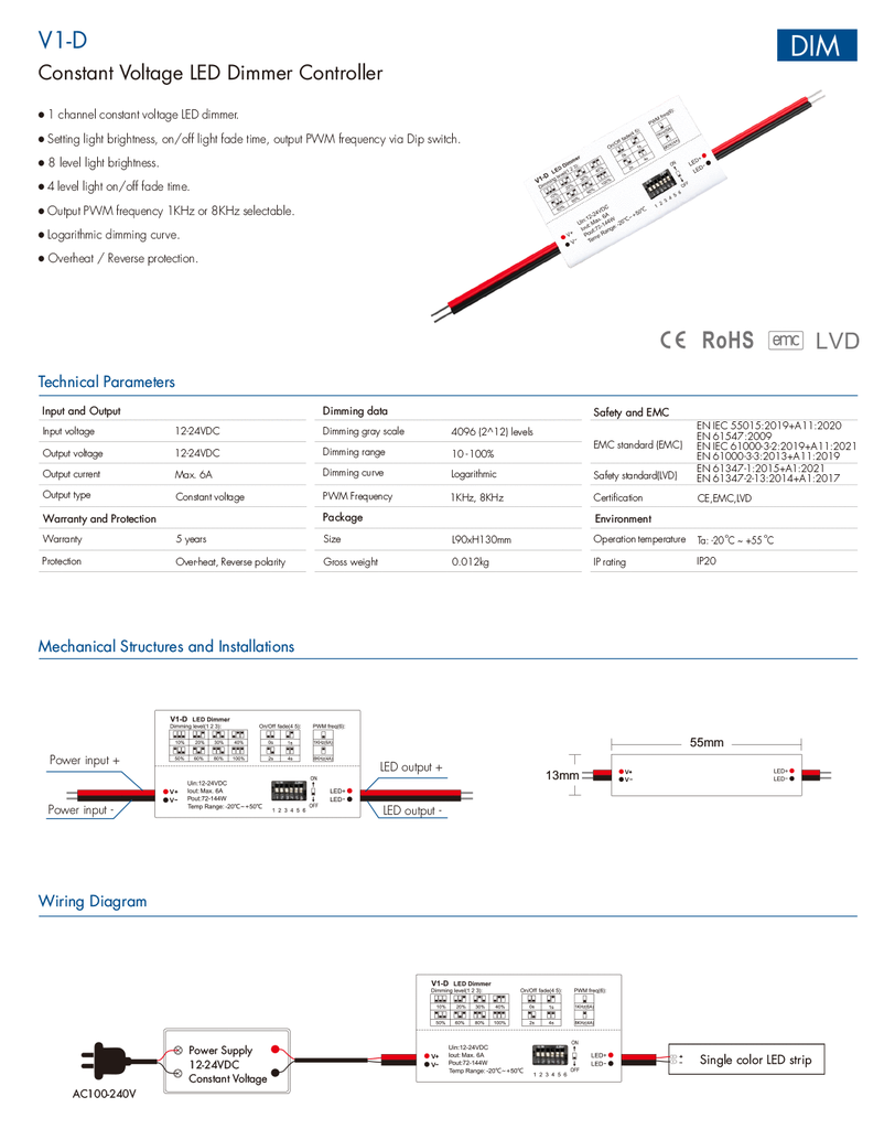 LED-контролер DEYA 12-24VDC, 6A*1CH (V1-D)