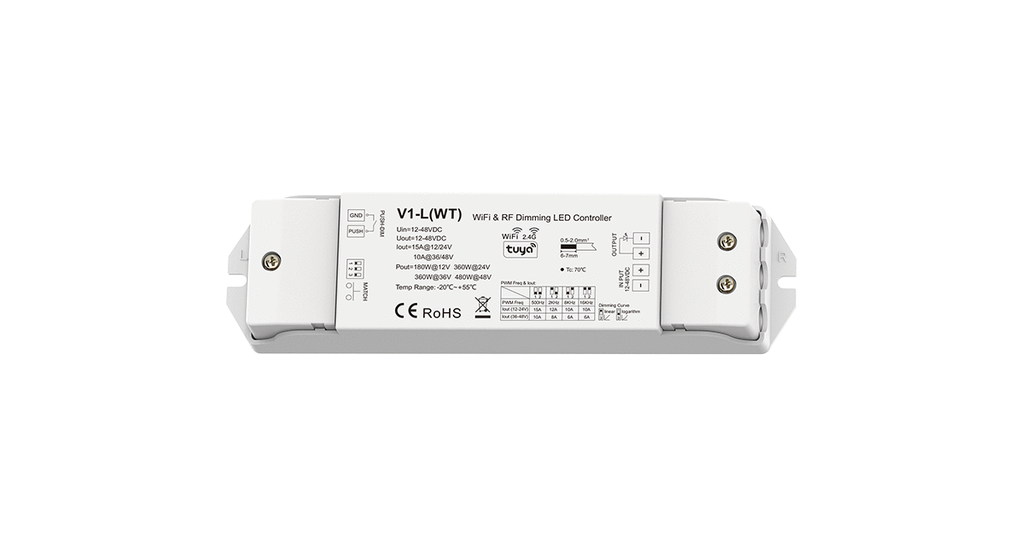 LED-контролер DEYA 12-48 VDC, 15A*1CH, WiFi & RF CV для Tuya App (V1-L(WT))