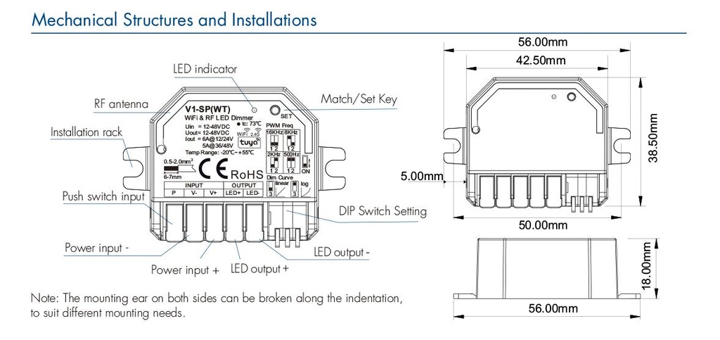 LED-контролер DEYA 12-48 VDC, 6A*1CH, WiFi & RF CV для Tuya App (V1-SP(WT))