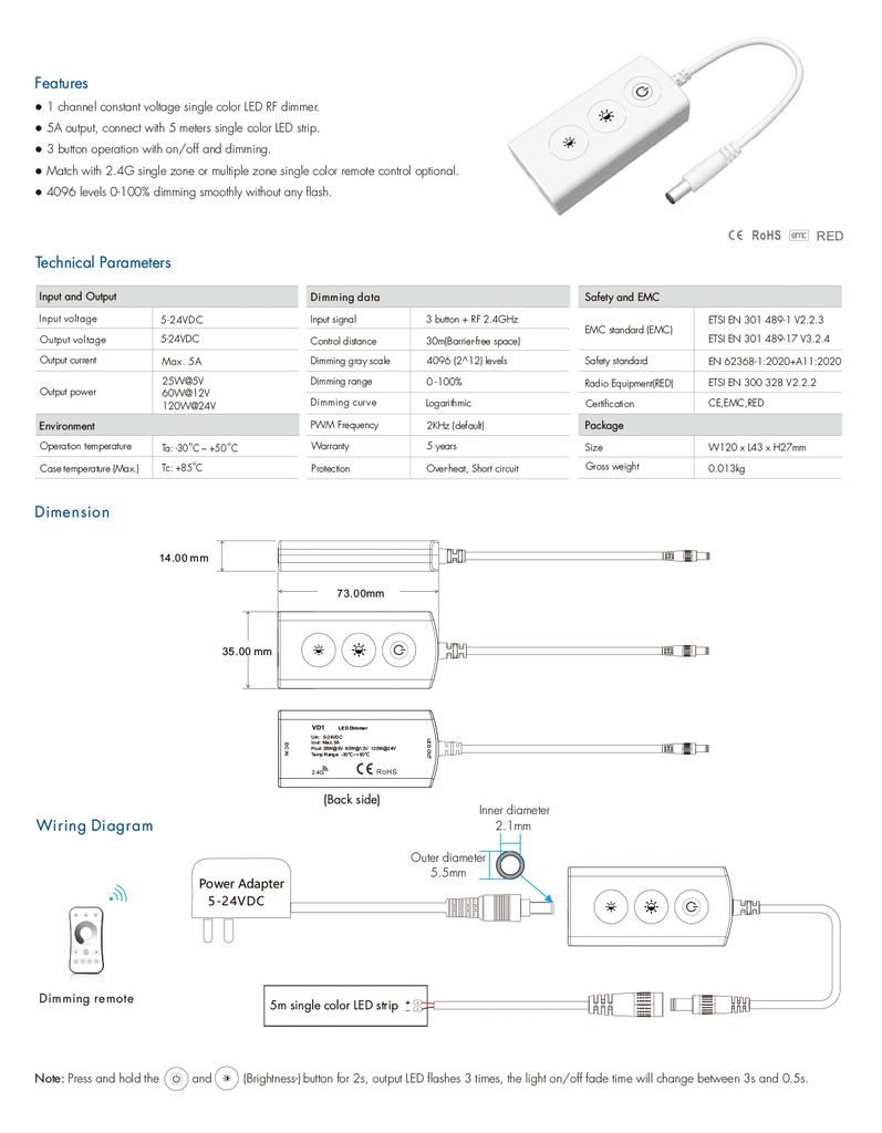 LED-контролер DEYA 5-24VDC, 5A*1CH (VD1)