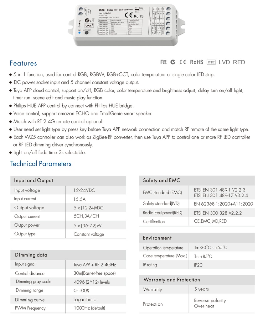 LED-контролер DEYA 5 in1 12-24VDC, 3A*5CH (WZ5)