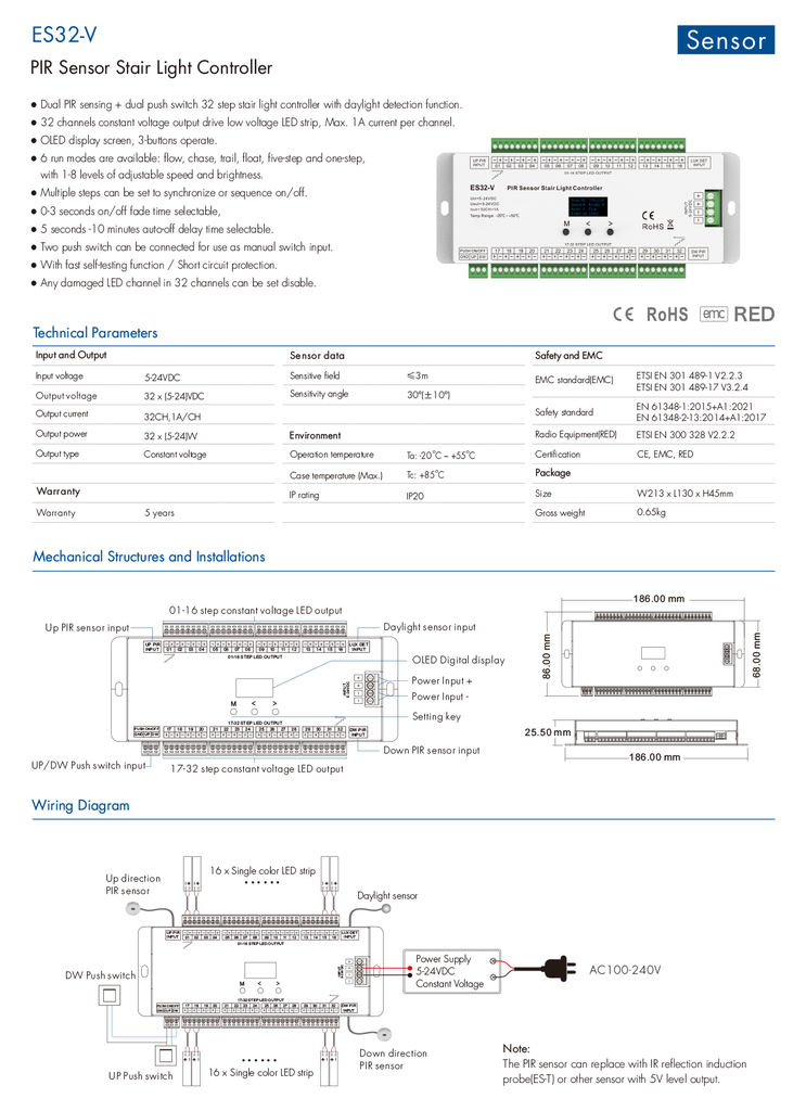 LED-контролер DEYA для сходів з датчиком PIR 5-24VDC, 1A*32CH (ES32-V)