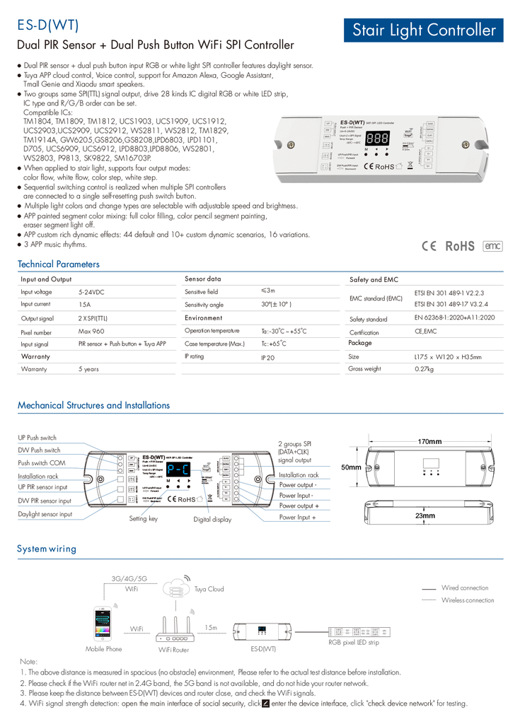 LED-контролер DEYA з датчиком PIR+Dual Push WiFi SPI 5-24VDC (ES-D(WT))