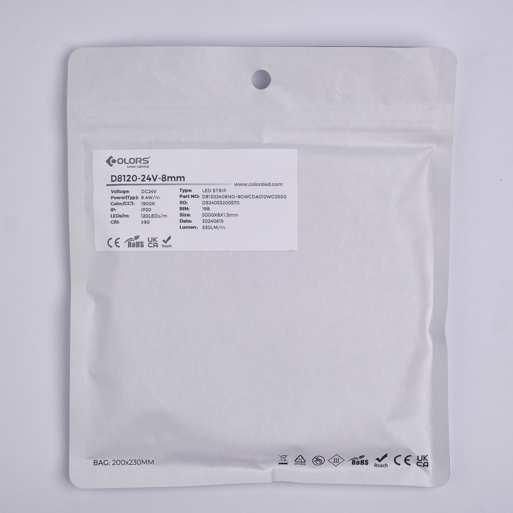 LED стрічка COLORS 120-2835-24V-IP20 8.4W 630Lm 1900K 5м (D8120-24V-8mm-GW)