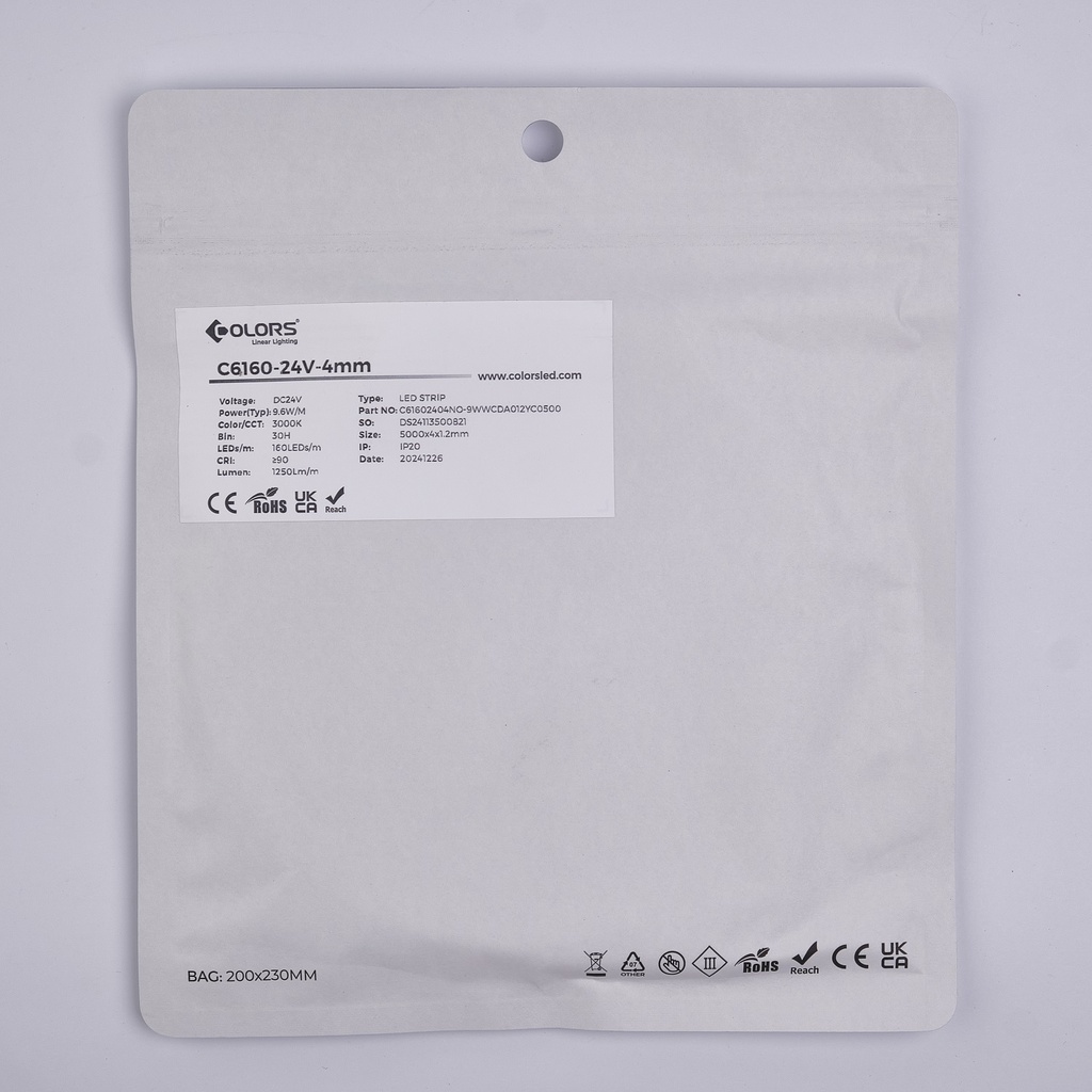 LED стрічка COLORS 160-2216-24V-IP20 9.6W 1250Lm 3000K 5м (C6160-24V-4mm-WW)