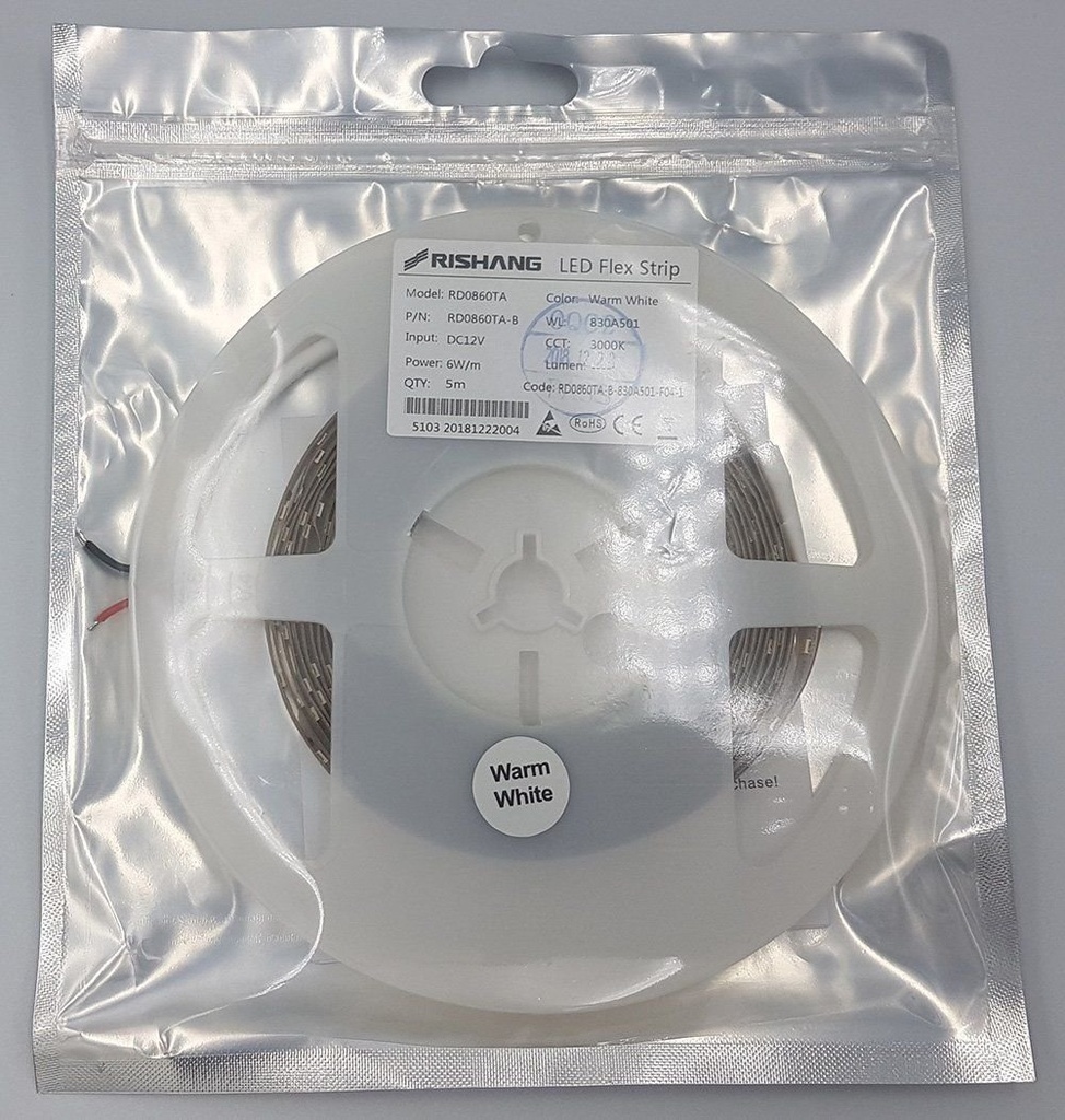LED стрічка RISHANG 60-2835-12V-IP20 6W 535Lm 6000K 5м (RD0860TA-B-PW)