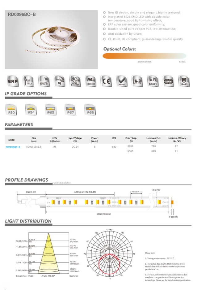 LED стрічка RISHANG 96-3528-24V-IP20 9W 2700K/6500K 5м (RD0096BC-B-MW)