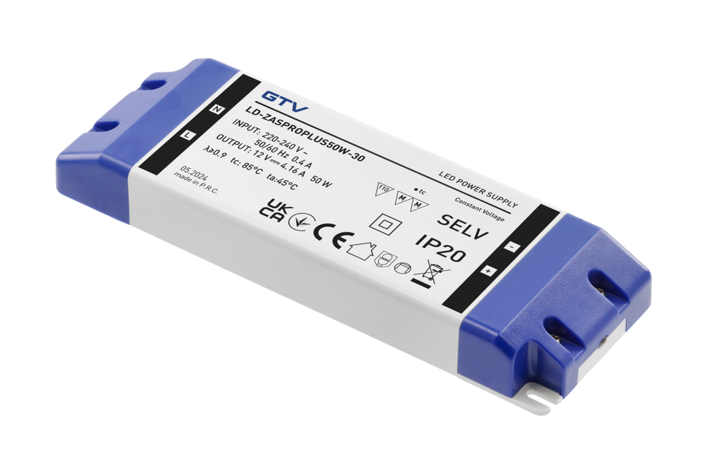 Блок живлення GTV PRO+ 12V, 50W, вхід 220-240В, IP20,185x65x22 мм