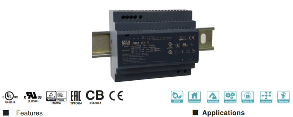 Блок живлення Mean Well на DIN-рейку 135.6W DC12V (HDR-150-12)