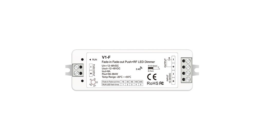 LED-димер DEYA 12-48VDC, 96-384W, 8A*1CH, Push Dim+RF (V1-F)
