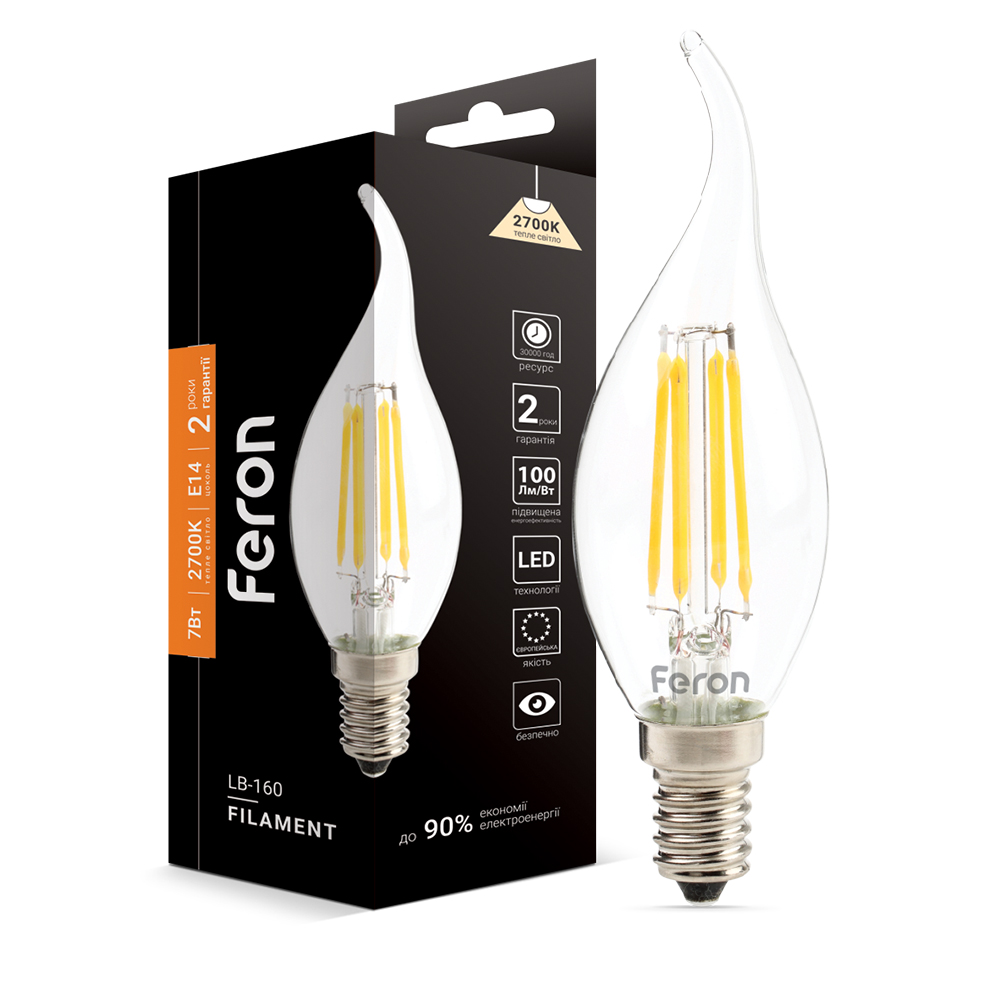 [6937] Світлодіодна лампа Feron Filament LB-160 7Вт E14 2700K свічка на вітрі