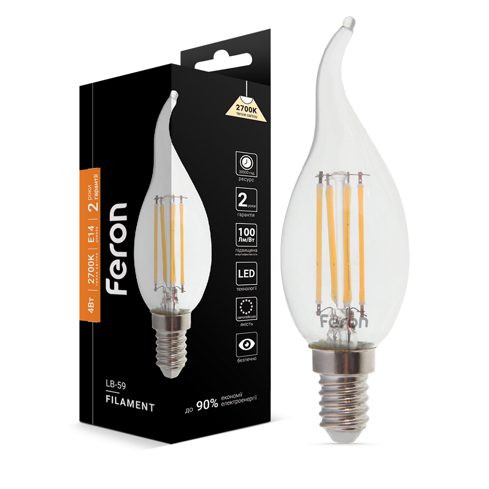 [4847] Світлодіодна лампа Feron Filament LB-59 4Вт E14 2700K свічка на вітрі