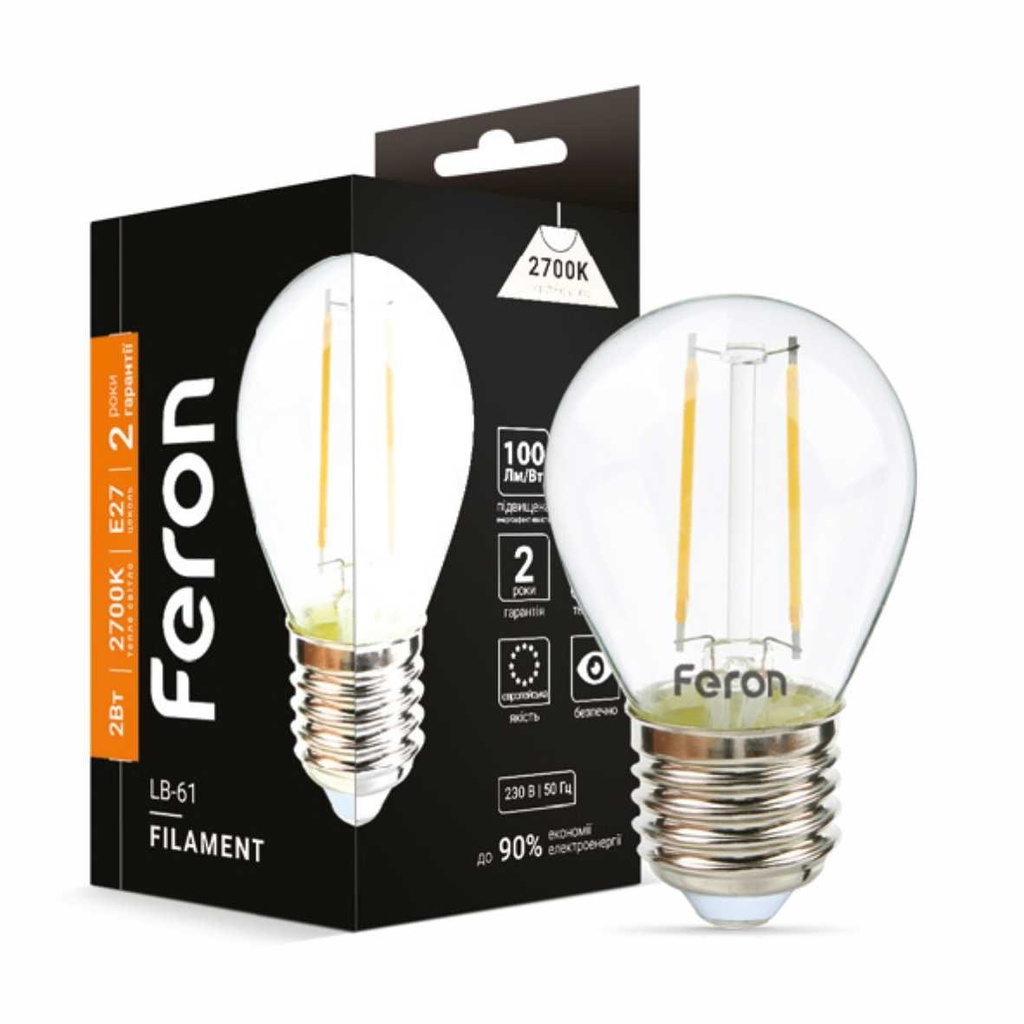 [7514] Світлодіодна лампа Feron Filament LB-61 2Вт E27 2700K прозора