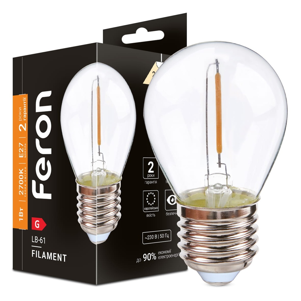 [9037] Світлодіодна лампа Feron Filament LB-61 1Вт E27 2700K прозора