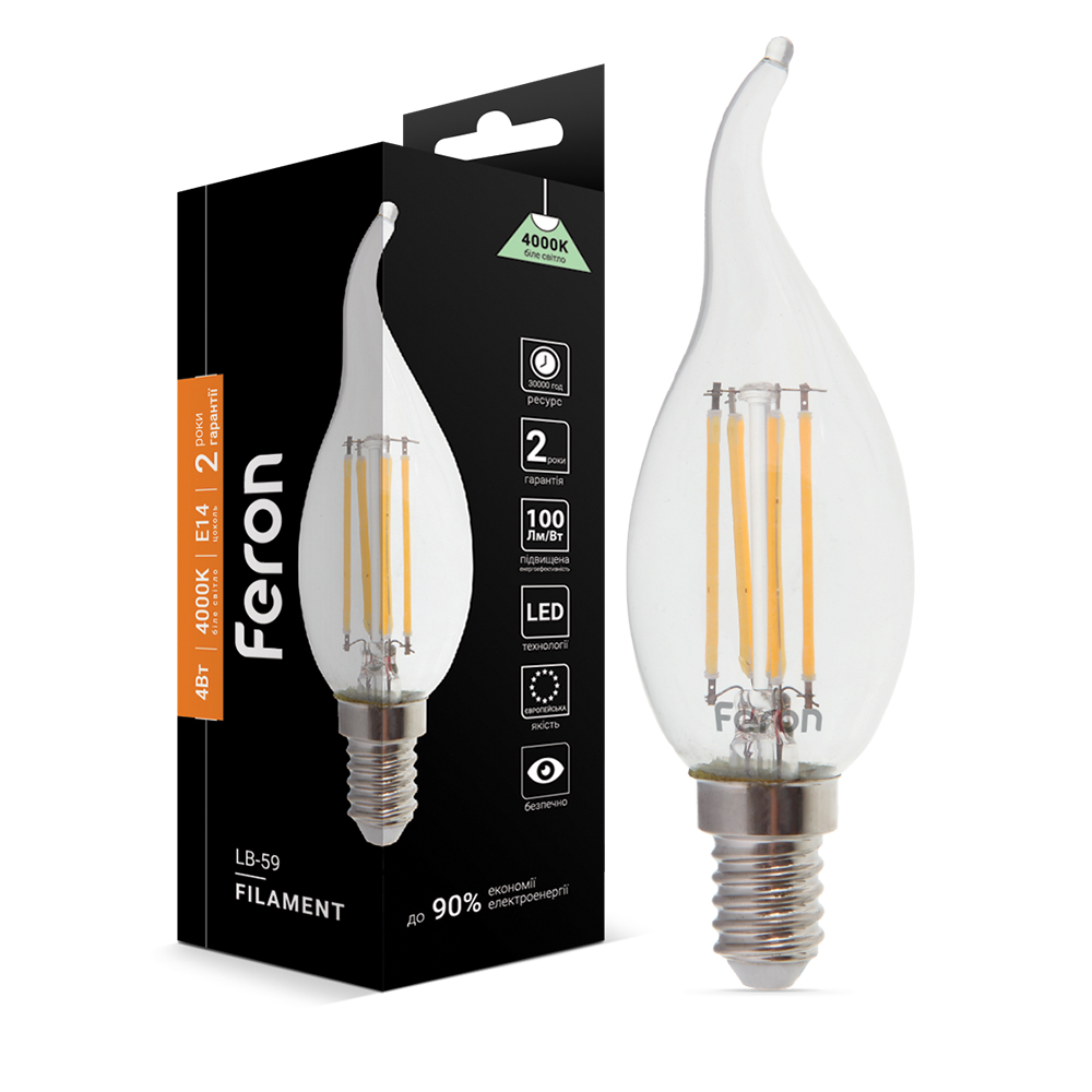[4848] Світлодіодна лампа Feron Filament LB-59 4Вт E14 4000K свічка на вітрі