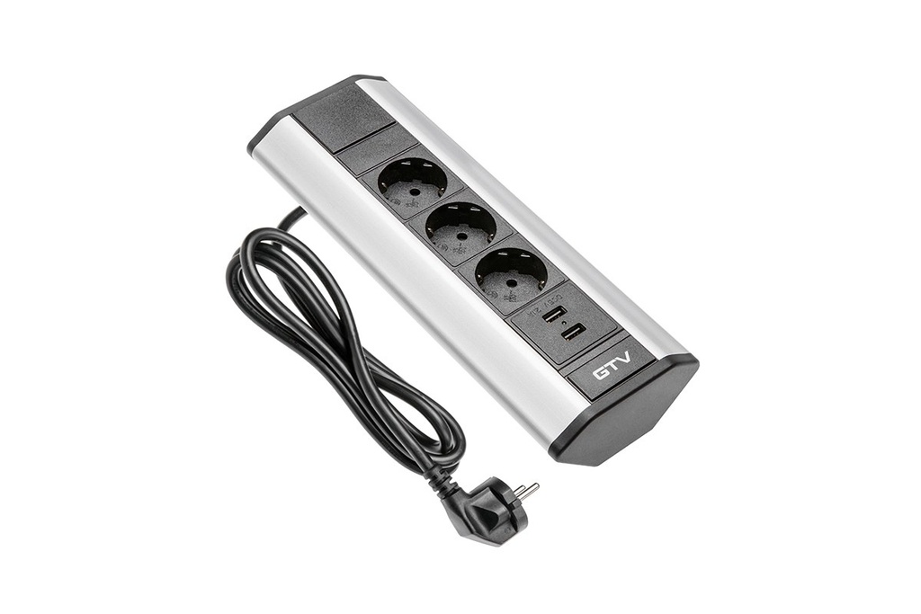 [6_20296] Подовжувач для офісу GTV AE-PBKT3S2U-80, кутовий, 3 x гнізда SCHUKO, 2xUSB 2.1A 5V, срібний