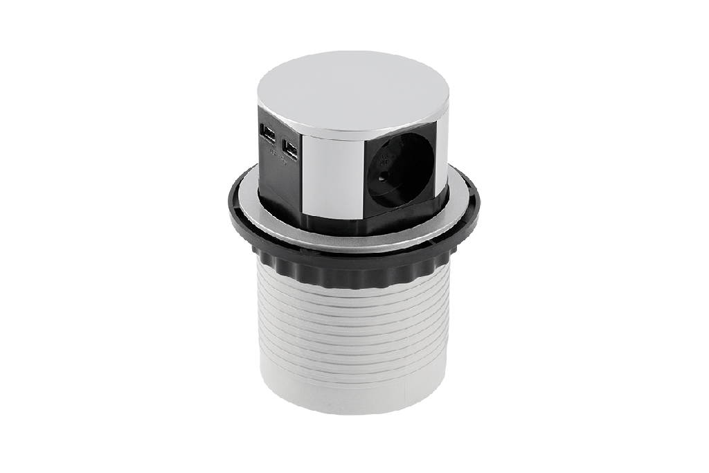 [6_20344] Подовжувач врізний в стіл GTV AE-BPW3S100U-53 COMFORT, 3xSCHUKO, 2xUSB 5V 2.4A, алюміній, кабель 1.5м