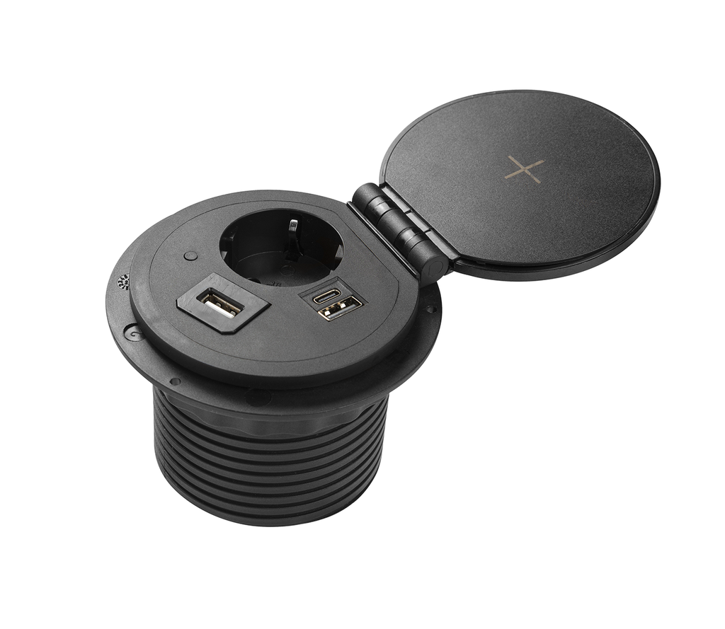 [6_20870] Подовжувач вбудований GTV CHARGER PLUS індукційна зарядка , 1 роз. schuko, USB A+C, HDMI, RJ45, 1,5 м, чорний