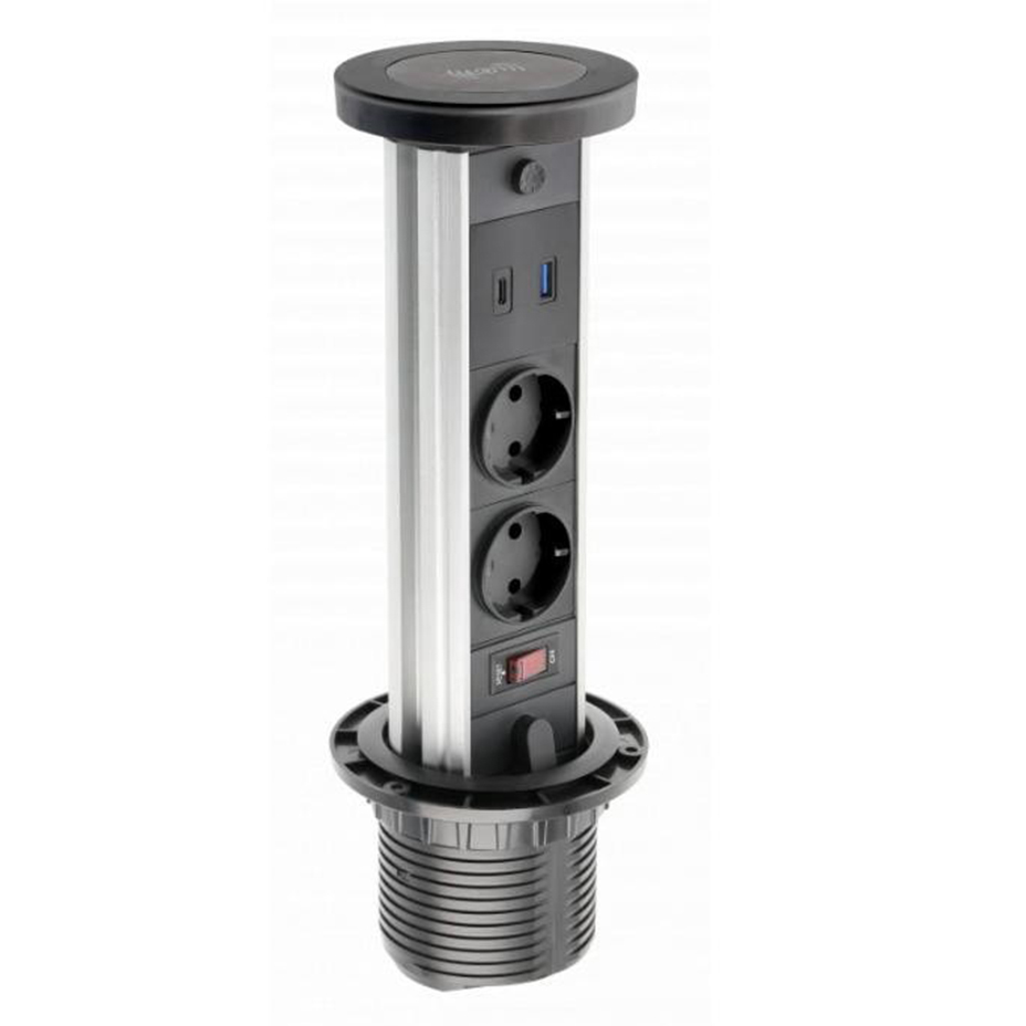 [6_20872] Подовжувач вбудований GTV CAMINO, індукційна зарядка, 2x роз. schuko, USB A+C 10W, 1,5 м, чорний