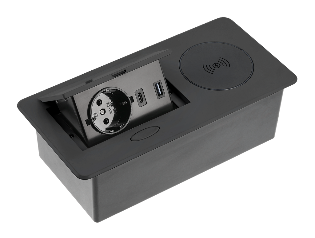 [6_20879] Подовжувач вбудований GTV AVARO PLUS індукційна зарядка, 1 роз. schuko, USB A+C 1,5 м, чорний