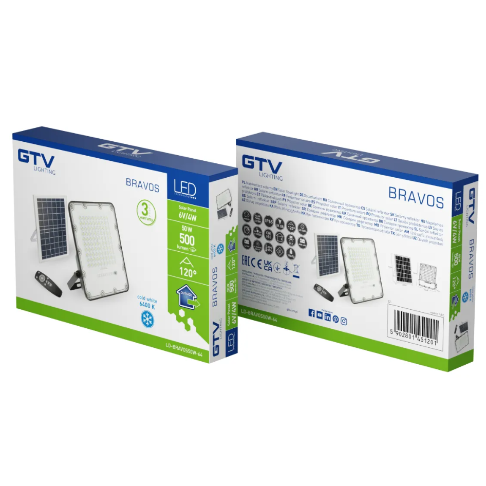 [6_21869] Прожектор GTV BRAVOS, сонячна панель, 50W, 6400K, IP65, 120°, на пульті (LD-BRAVOS50W-64)