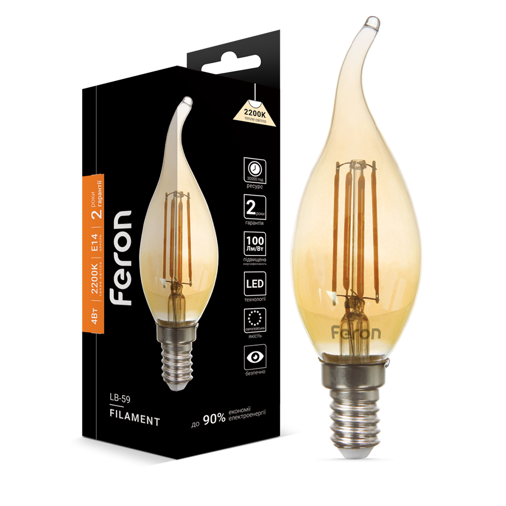 [5628] Світлодіодна лампа Feron Filament LB-59 4Вт E14 2200K свічка на вітрі