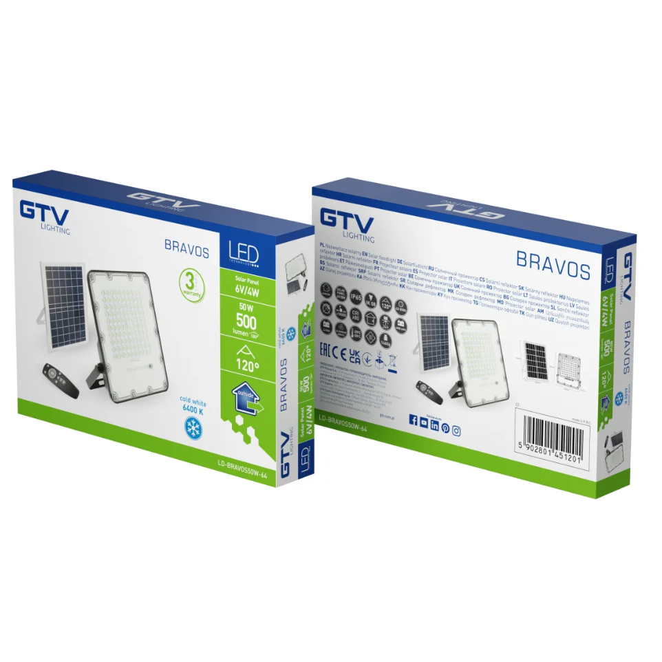 [6_21905] Прожектор GTV BRAVOS, сонячна панель, 100W, 6400K, IP65, 120°, на пульті (LD-BRAVOS100W-64)